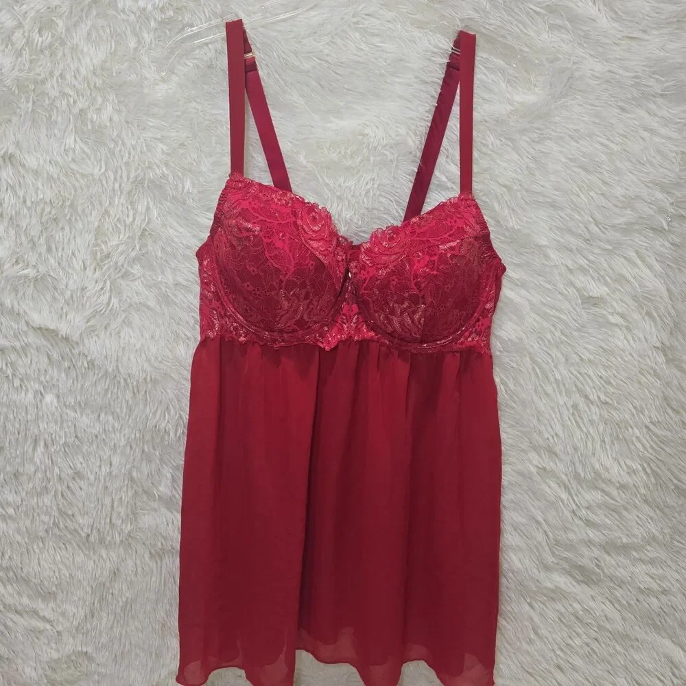 Cacique 44DD Red Lace Cups And Mesh Lingerie Underwire Babydoll Chemise Nightie